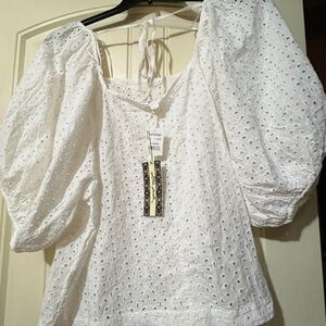 Ultra Pink White Eyelet Puff Sleeve Blouse